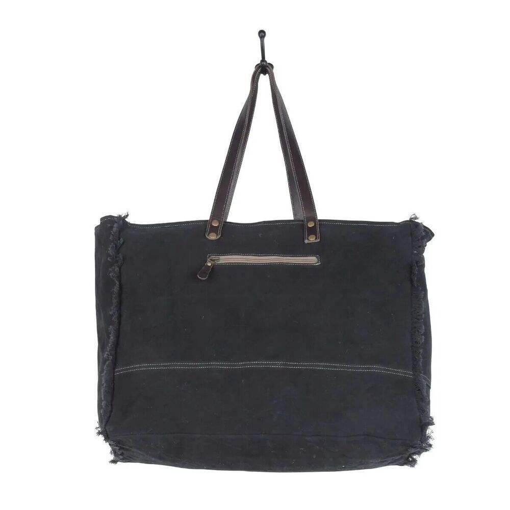 Myra Bag Handmade Jazz Weekender Bag Upcycled Canvas & Cowhide Leather - Picture 5 of 9